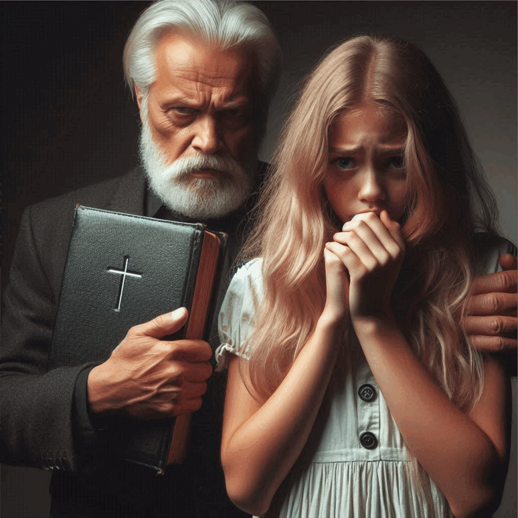 ai generated, religion, control, girl, child, conform, female, submit, abuse, sad girl, pastor, clergy, christianity, church, fundamentalist, strict, indoctrinate, obey, rules, bible, lies, deceive, sad, fear, scared, afraid, man