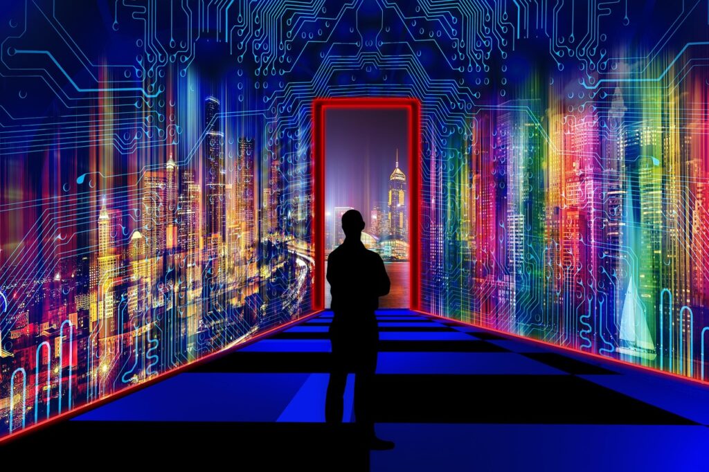 virtual reality, metaverse, expanded reality, augmented reality, communication, futuristic, technology, business, network, online, internet, hologram, holographic, virtual, space, world, city square, cloud, reality, community, contact, digital, experience, future, global