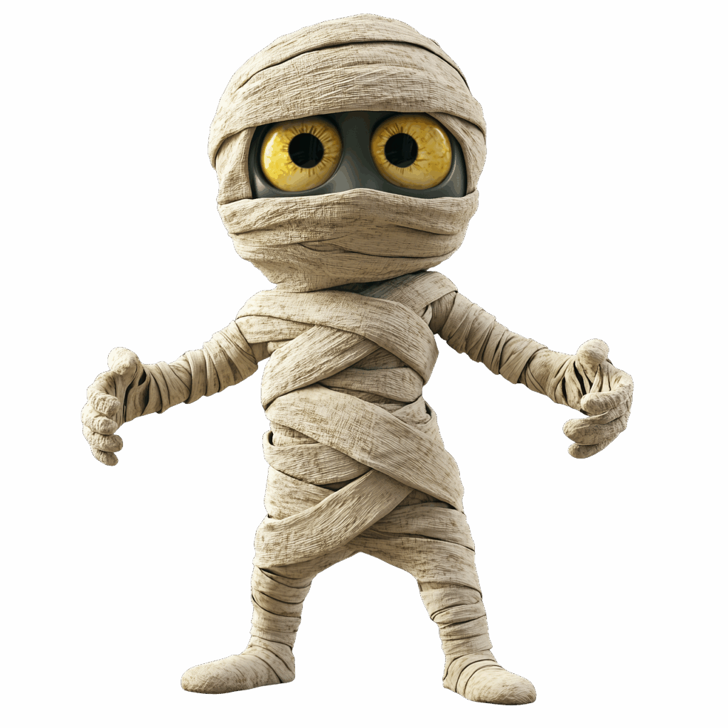 ai generated, mummy, character, cute, adorable, cartoon mummy, halloween, character design, transparent background illustration, friendly mummy cartoon, child-friendly halloween art, cute halloween mascot, mummy character for kids, full-body 3d render, playful halloween illustration, cartoon mummy design, spooky but cute mummy, egyptian mummy character, funny halloween figure, animated mummy design, cute and spooky 3d model, friendly mummy artwork