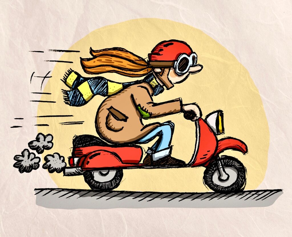 moped, scooter, motorcycle, traffic, city, road, person, driving, riding, speed, cartoon