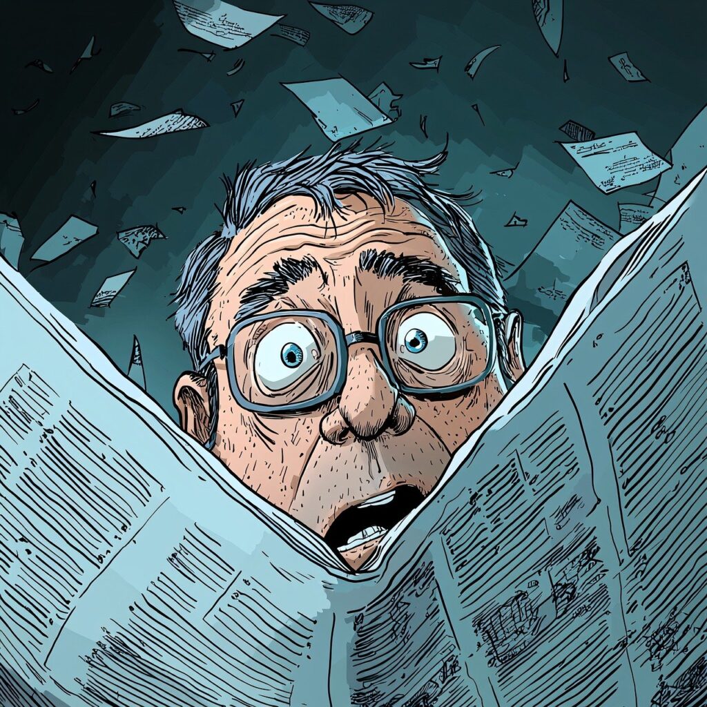 ai generated, newspaper, cartoon, reading, finance, reaction, news, humor, vintage, classic, man, editorial, expression, exaggerated, surprised, economy, business, media, shocked, sketch, old, crisis, journalism, drawing, satire