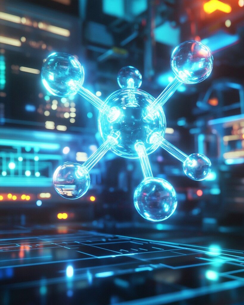 ai generated, holography, molecule, nanoscience, photonics, quantum, fluorescence, optics, atoms, nucleus, catalyst, polymerization, bioengineering, electrostatics, cybernetics, neuron, automation, analytics, plasma
