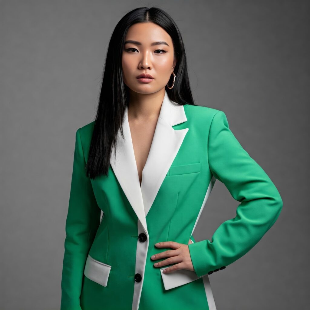 ai generated, woman, trendy, green and white blazer, fashion, stylish, hand on hip, grey background, modern, chic, confident pose