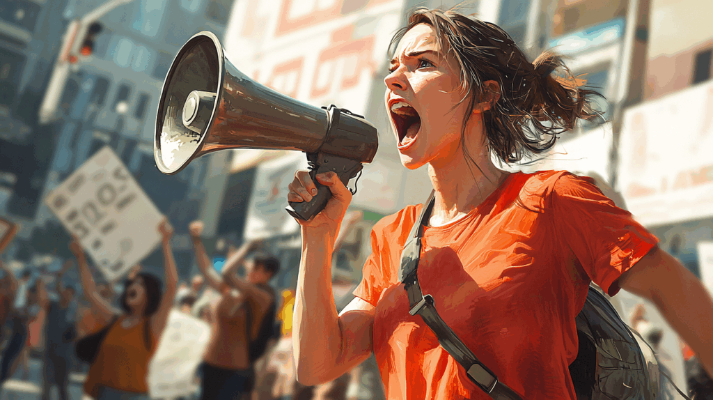 ai generated, protest, woman, megaphone, activism, rally, political, speaker, movement, social, rights, street, public, voice, power, passion, resistance, justice, advocacy, freedom, equality, revolution, expression