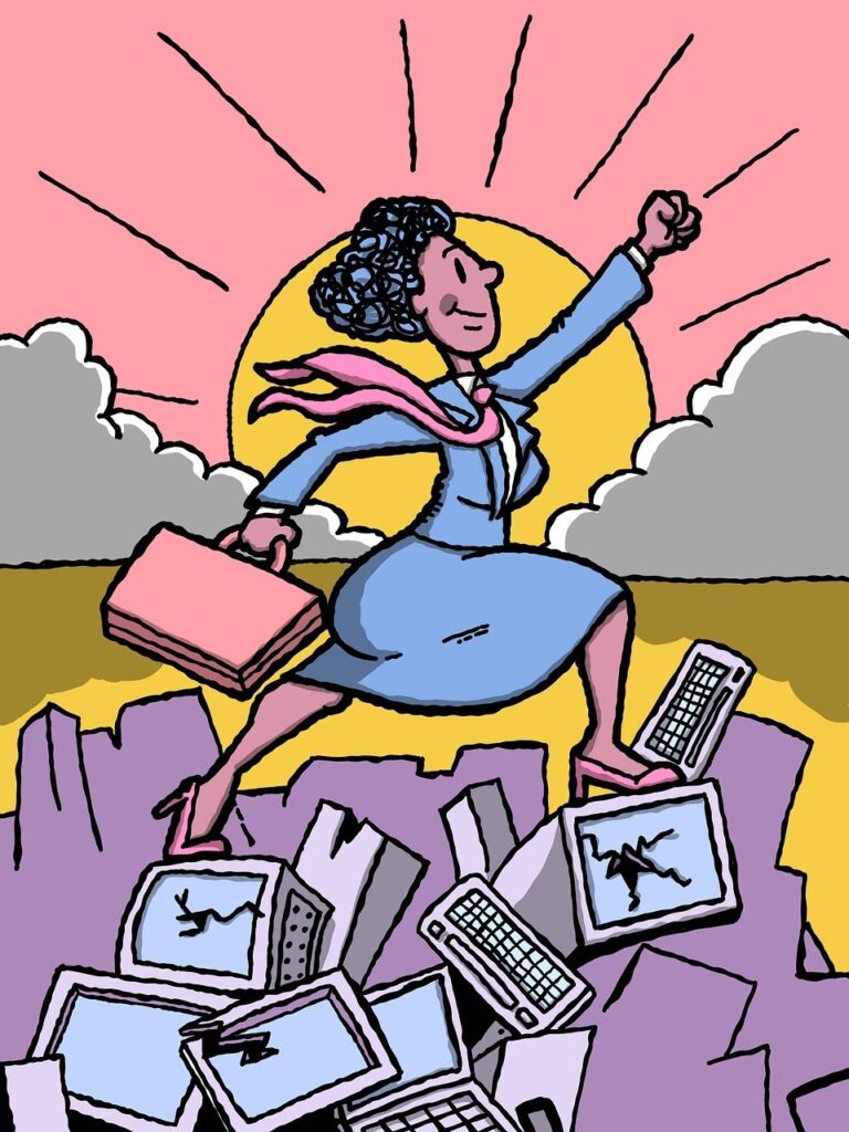 technology, computer, digital, woman, nature, conquer, triumph, success, sun, sunset, climbing, victory, cartoon