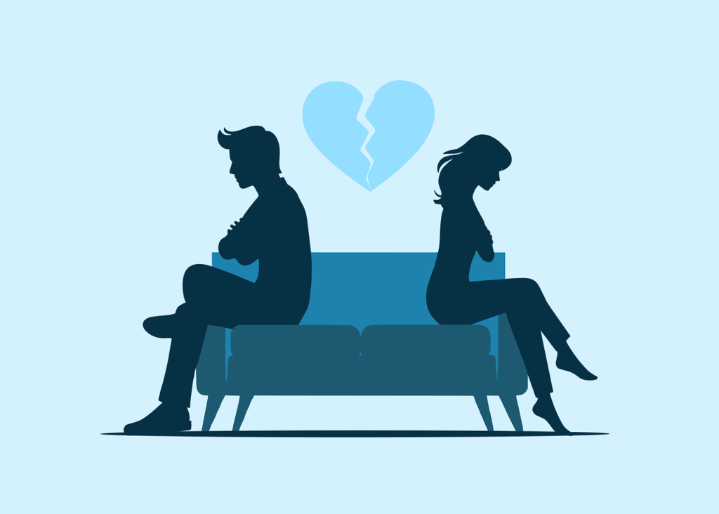 breakup, couple, silhouette, broken, heart, sad, feelings, emotions, anger, concept, depression, difficulties, conflict, disagreement, divorce, relationship, heartbreak, cartoon, love, problem, trouble