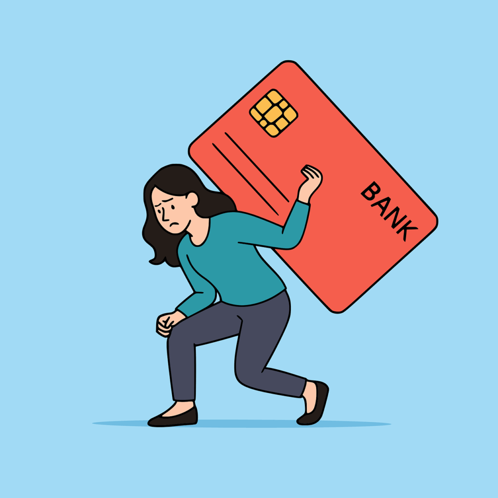debt, credit card, stress, financial burden, worried, loan, bank, payment, finance, problem, weight, burden, woman, cartoon, female, struggle, difficult, money problem, obligation, crisis, trouble, liability