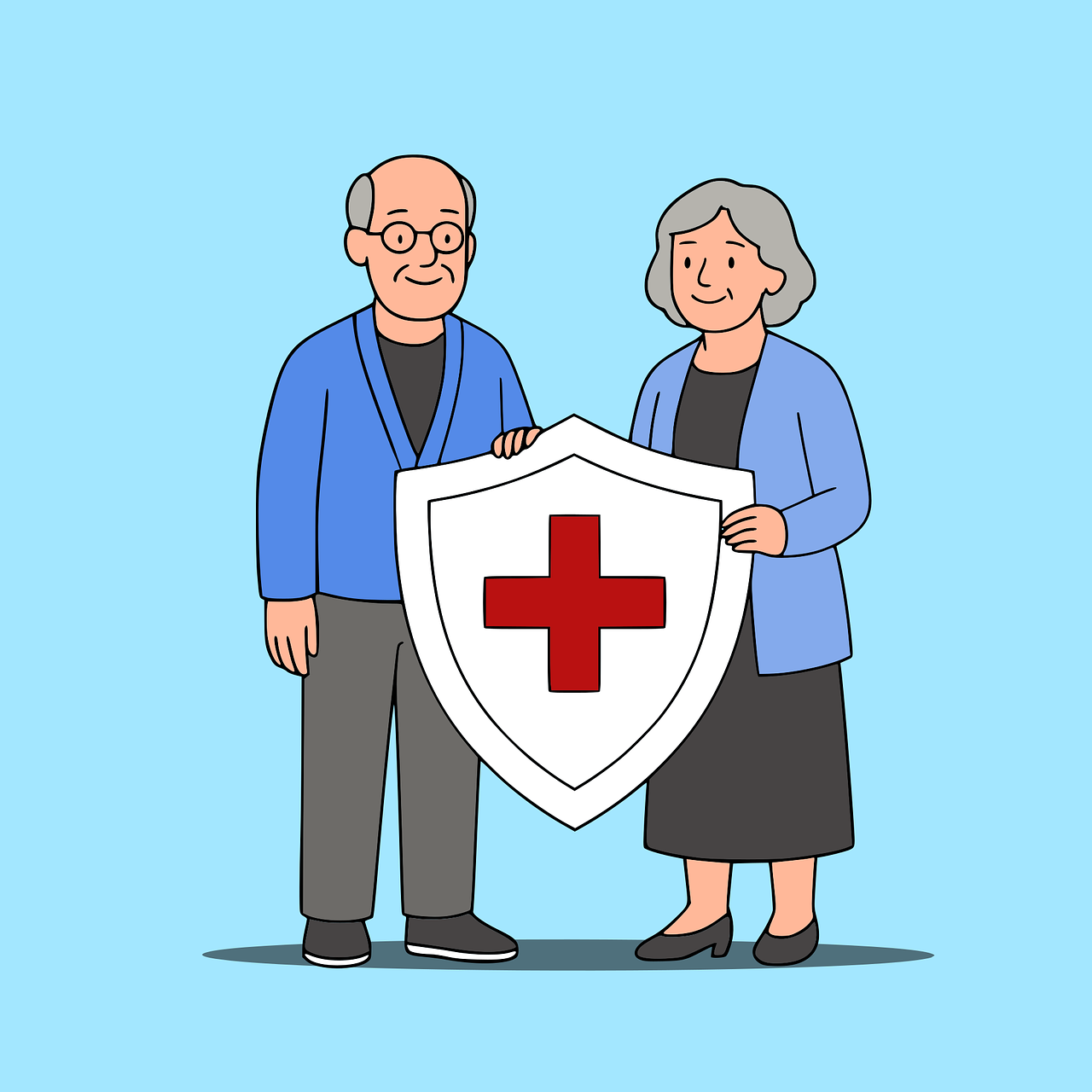 medical, insurance, elderly, health, seniors, couple, shield, red cross, healthcare, protection, care, support, grandparents, cartoon, security, wellbeing, retirement, assistance, pension, pensioners