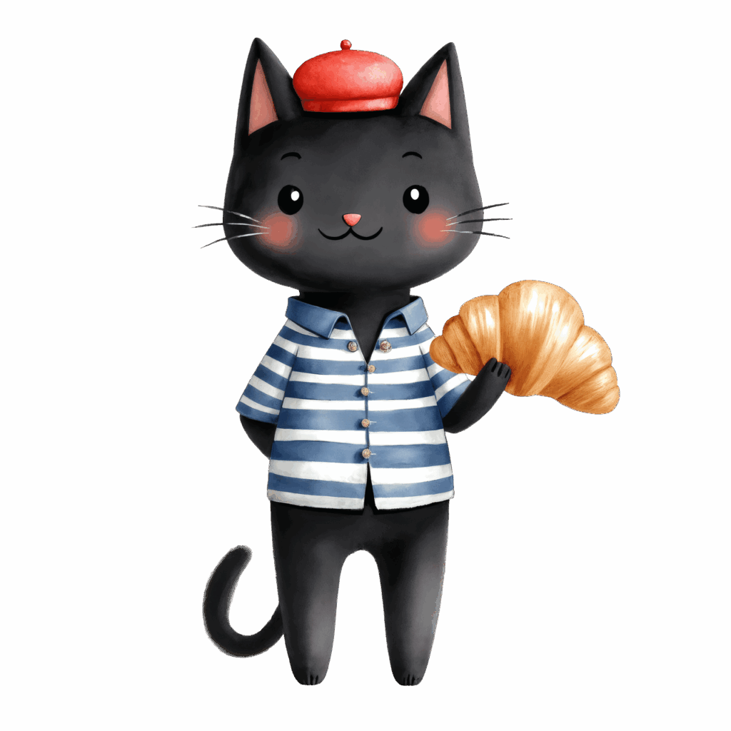 black cat, french, parisian, croissant, beret, striped shirt, cute, stereotype, europe, ai generated
