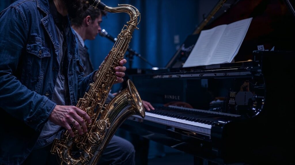 music, saxophone, piano, performance, jazz, musician, instrument, stage, art, entertainment, notes, sound, band, concert, artistic, melody, harmony, rhythm, practice, studio, ai generated