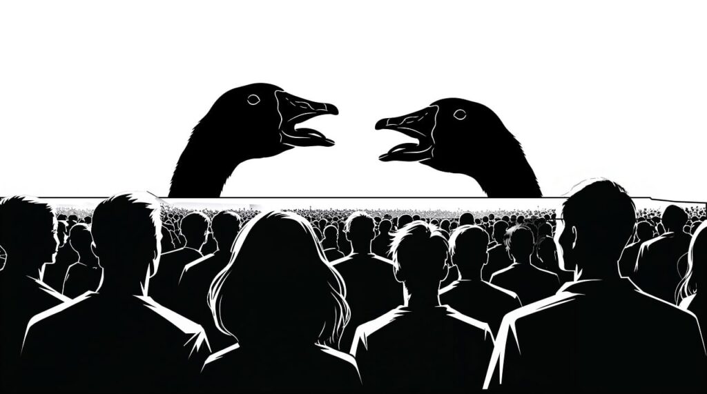 ai generated, conflict, geese, debate, cackling, confrontation, argument, disagreement, division, polarization, two sides, opposing views, public discourse, crowd, spectators, audience, political, social commentary, satire, black and white, graphic novel style, symbolism