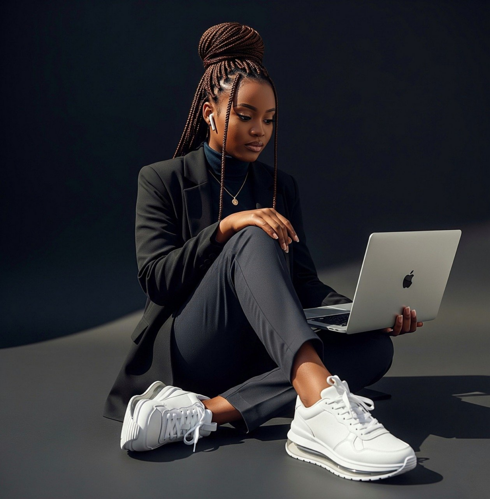 professional woman, female entrepreneur, business lady, woman in blazer, corporate fashion, confident businesswoman, working on laptop, black background, office style portrait, career woman, professional stock image, business professional photo, stylish corporate wear, modern business portrait, workplace stock photo, elegant woman in blazer, female executive, corporate lifestyle image, laptop work portrait, business stock photography, professional female model, dark studio background, formal fashion portrait, professional workplace image, ai generated
