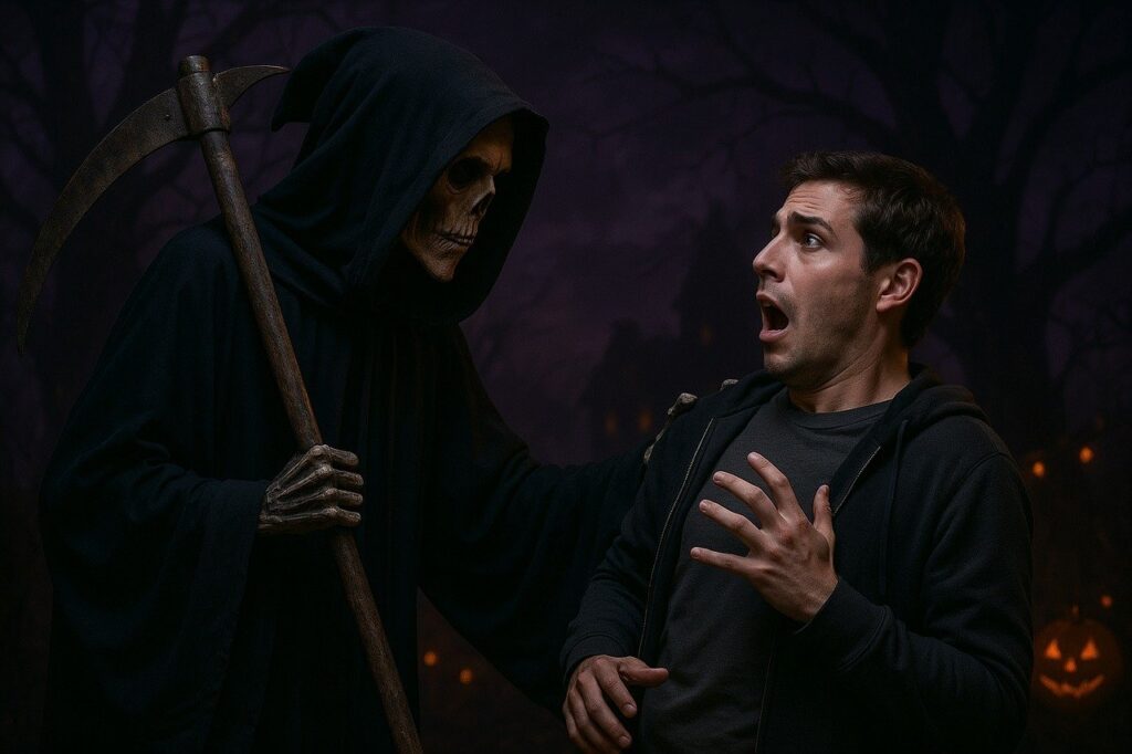 ai generated, halloween, costume, horror, scythe, grim reaper, fear, spooky, creepy, mask, skeleton, dark, frightening, surprise, encounter, woods, night, terror, panic, supernatural, suspense