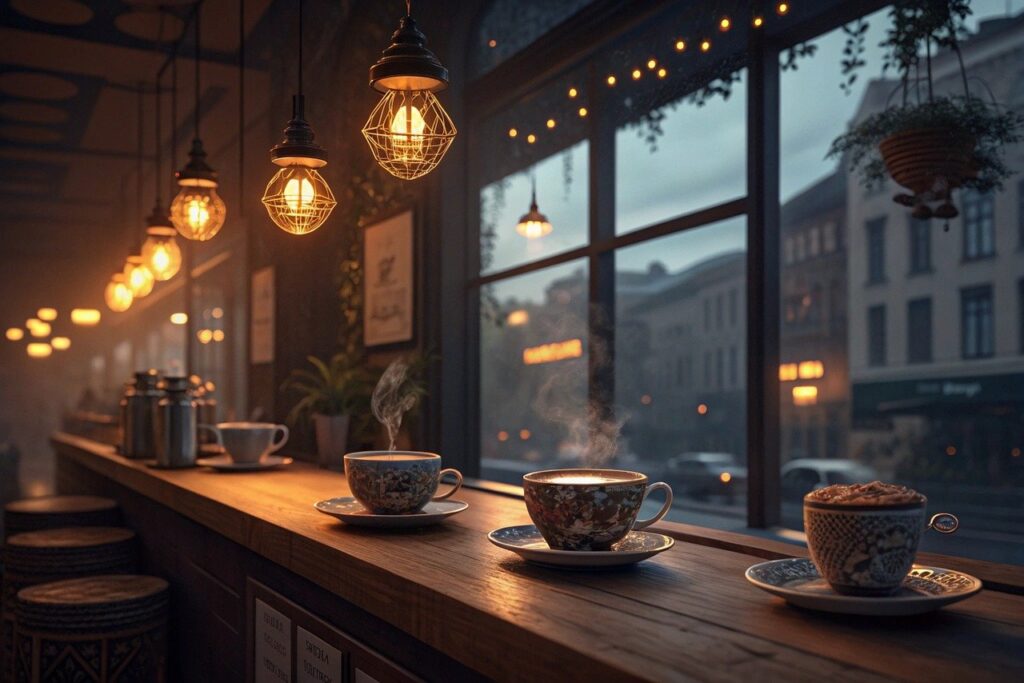 coffee, café, latte, cappuccino, espresso, barista, latte art, coffee beans, grinder, iced coffee, hot coffee, café interior, coffee shop, cozy café, coffee culture, breakfast, croissant, coffee lifestyle, caffeine, mug, takeaway coffee, americano, flat lay, cup, ai generated