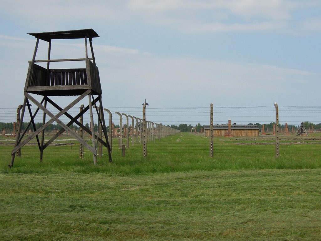 massacre, auschwitcz, birkenau, jewish, world war, concentration camp, house, building, houses, old, old building, poland, prisoner, jailer, tower, barbed wire