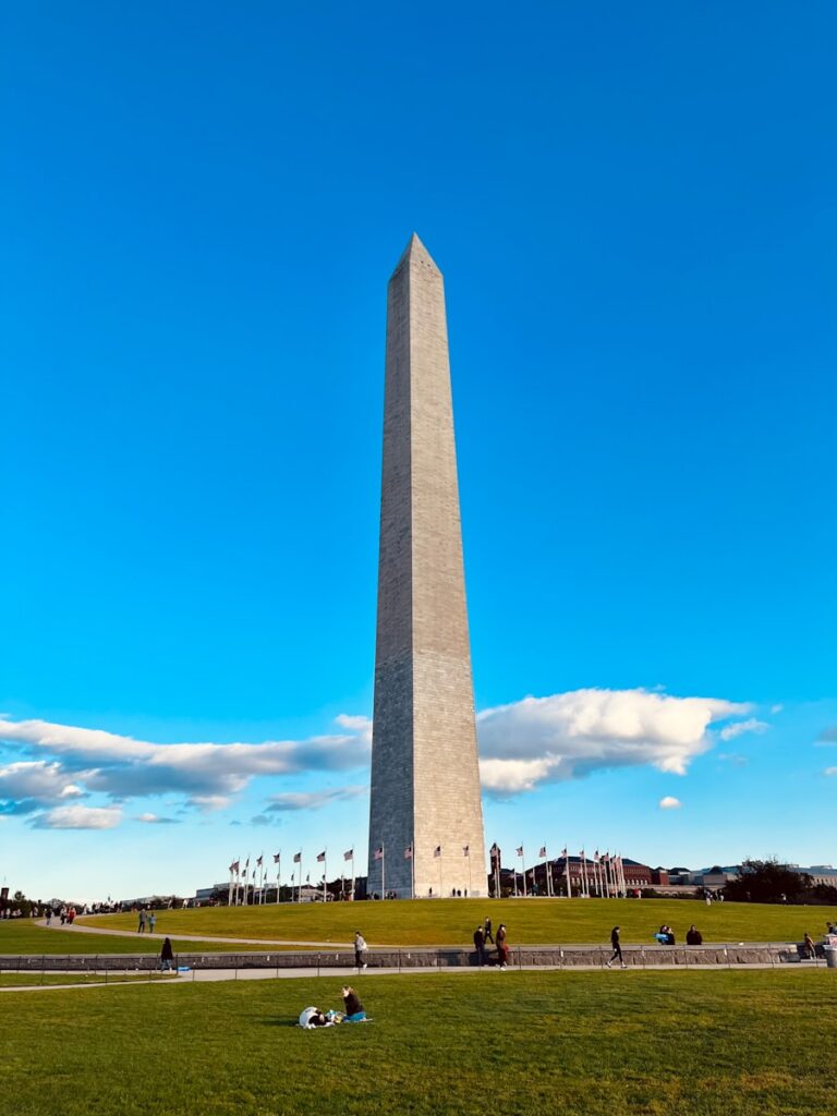 the washington monument in washington dc with people laying on the grass