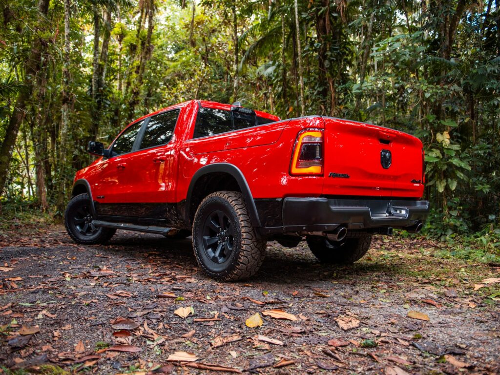 A red truck parks amidst a lush forest.
