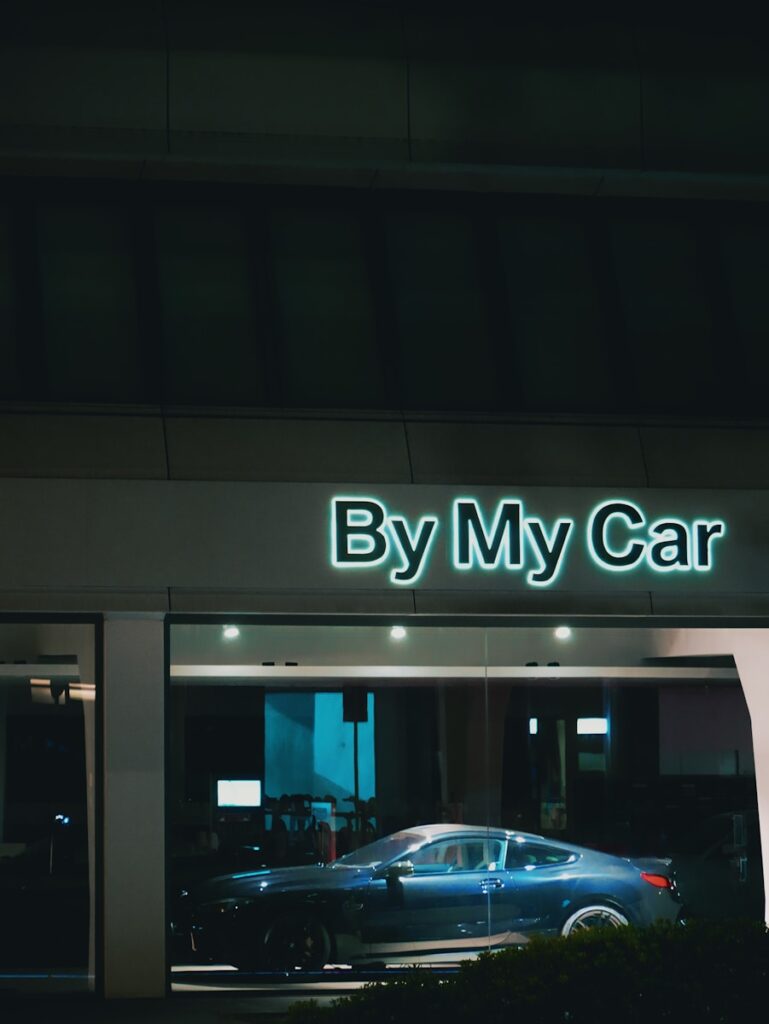 a car is parked in front of a building