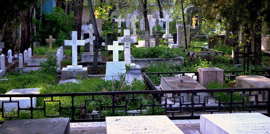 a cemetery filled with lots of tombstones and crosses
