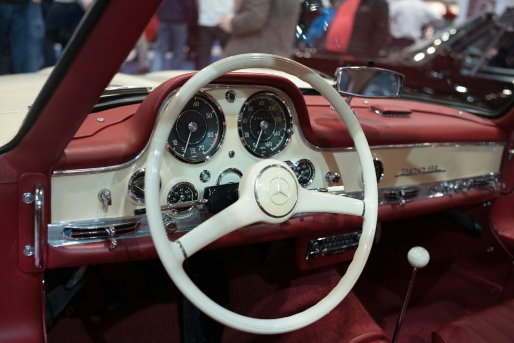 red and white steering wheel