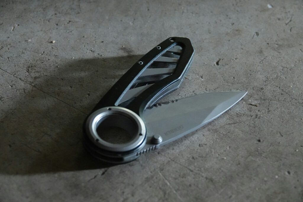 silver and black hand tool