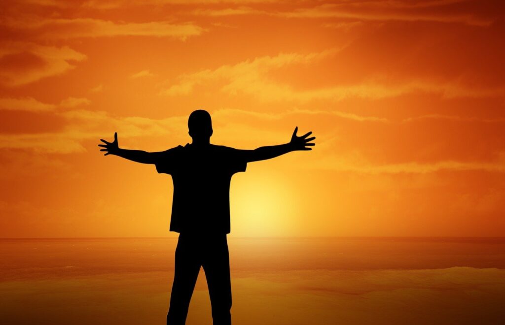 sunset, boy, nature, open arms, gesture, orange sky, silhouette, dusk, man, masculine, pleasure, cheers, happiness, love, lust for life, hug, positive