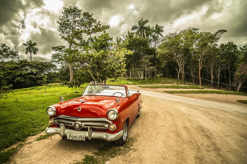 oldtimer, car, old car, car wallpapers, nature, convertible, red car, shiny car, retro, classic, vintage, vintage car, automotive, automobile, parked car, forest, cuba
