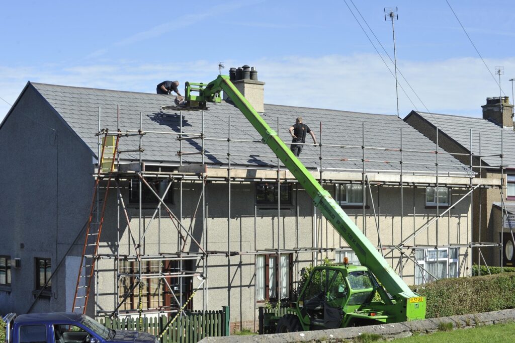scaffold, roof, tiles, repair, building, construction, architecture, house, nature, scaffolding, home, structure, build, new, residential, housing, development, work, estate, builder, property, brick, safety, floor, facade, site, roofing construction, construct, industry, exterior, house exterior, sky, house roof, building construction