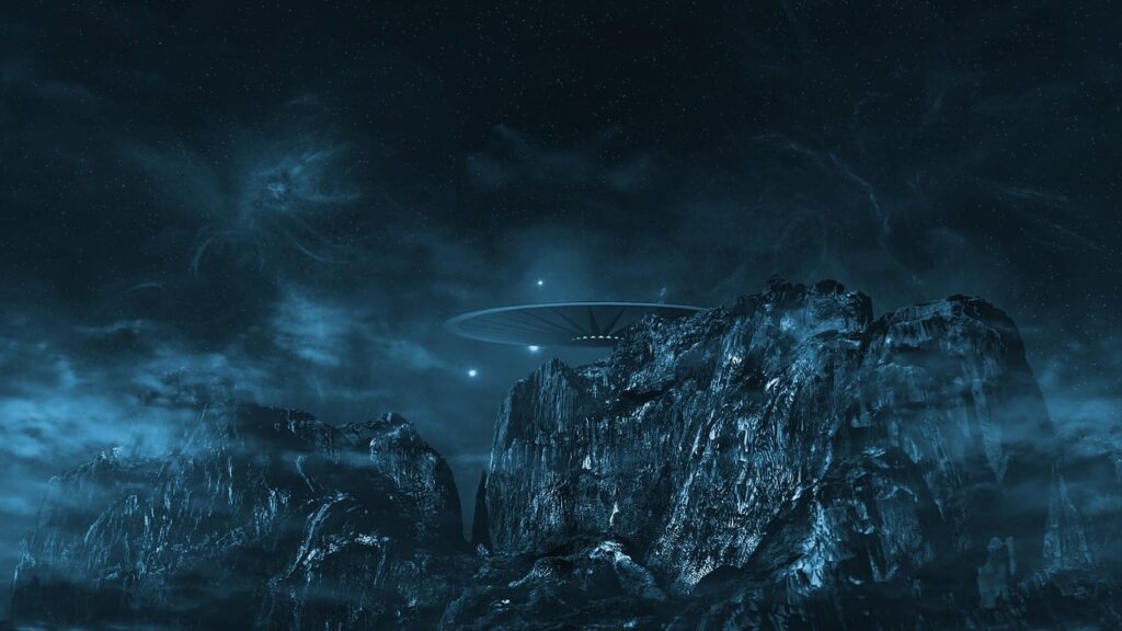ufo, mountains, fantasy, fog, cosmos, space, nature, outer space, galaxy, universe, science fiction, sci-fi, photomontage, space wallpaper, background