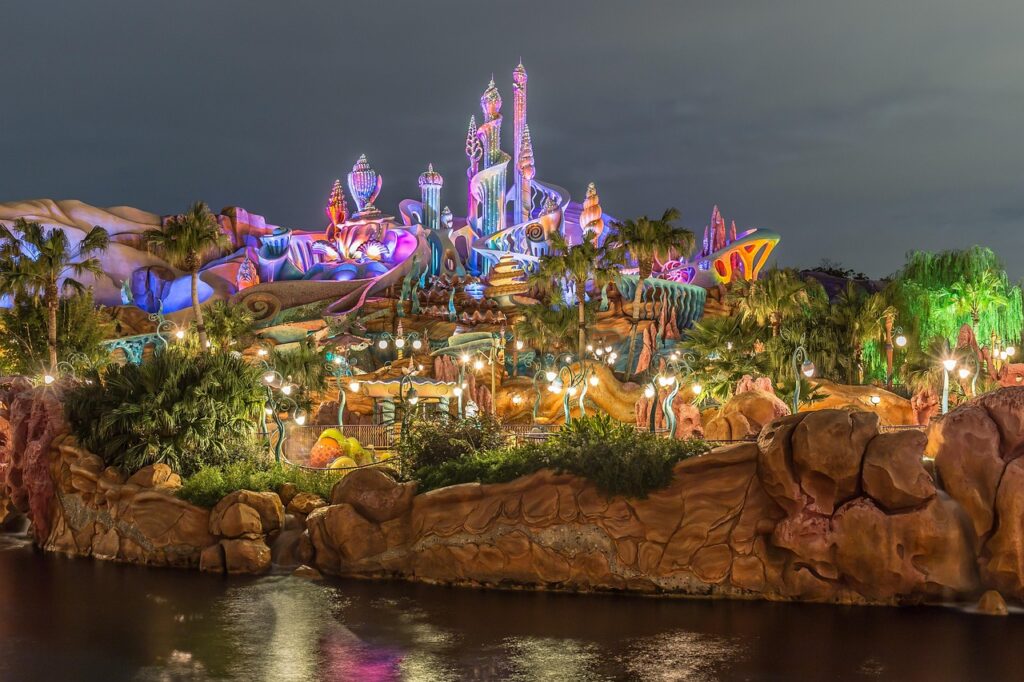 disney, disney sea, night view, light, brilliant, japan, building, architecture, colour, colorful, long exposure, city, street light, cityscape, trip, view, night, windows, mermaid lagoon, disney, disney, disney, disney, disney