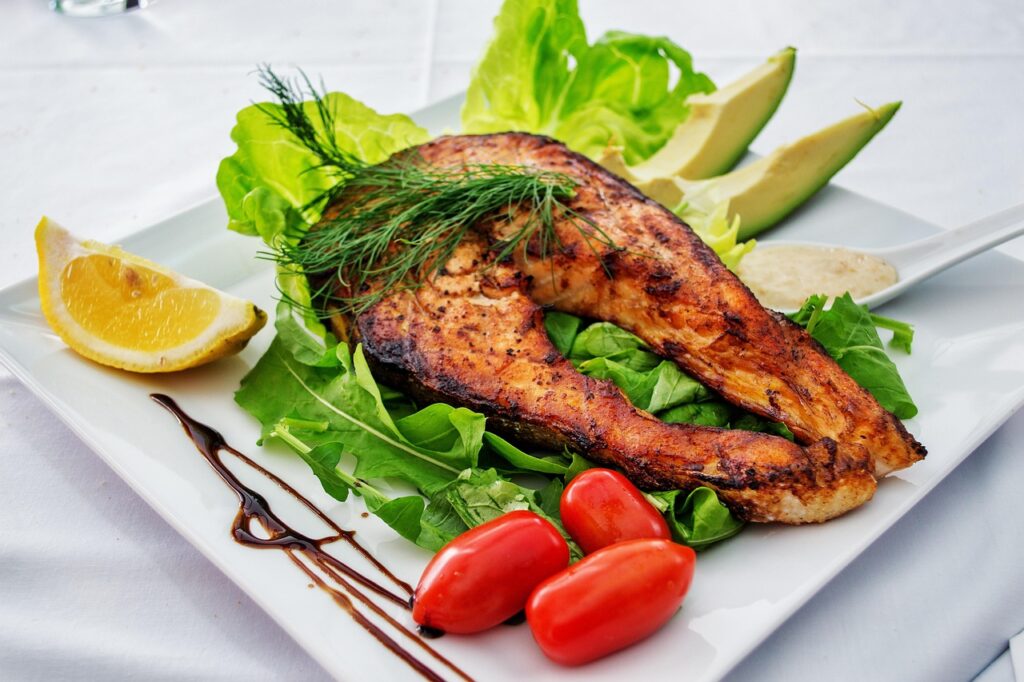 salmon, fish, grilled fish, grill, dish, gourmet, plate, white, avocado, lettuce, tomato, lemon, olive oil, balsamic, meal, food, nature, delicious, dinner, cuisine, lunch, tasty, meat, cooked, seafood, healthy, restaurant, roasted, diet, vegetable, prepared, steak, salad, fillet