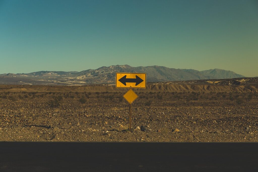arrows, barren, direction, road, road sign, street, nature, left, right, desert, landscape, arid, dry, land, rural, countryside