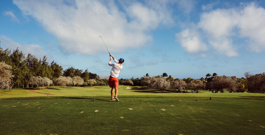 clouds, golf, golf course, golfer, hobby, nature, man, outdoors, playing, shade, sport, blue sports, blue golf