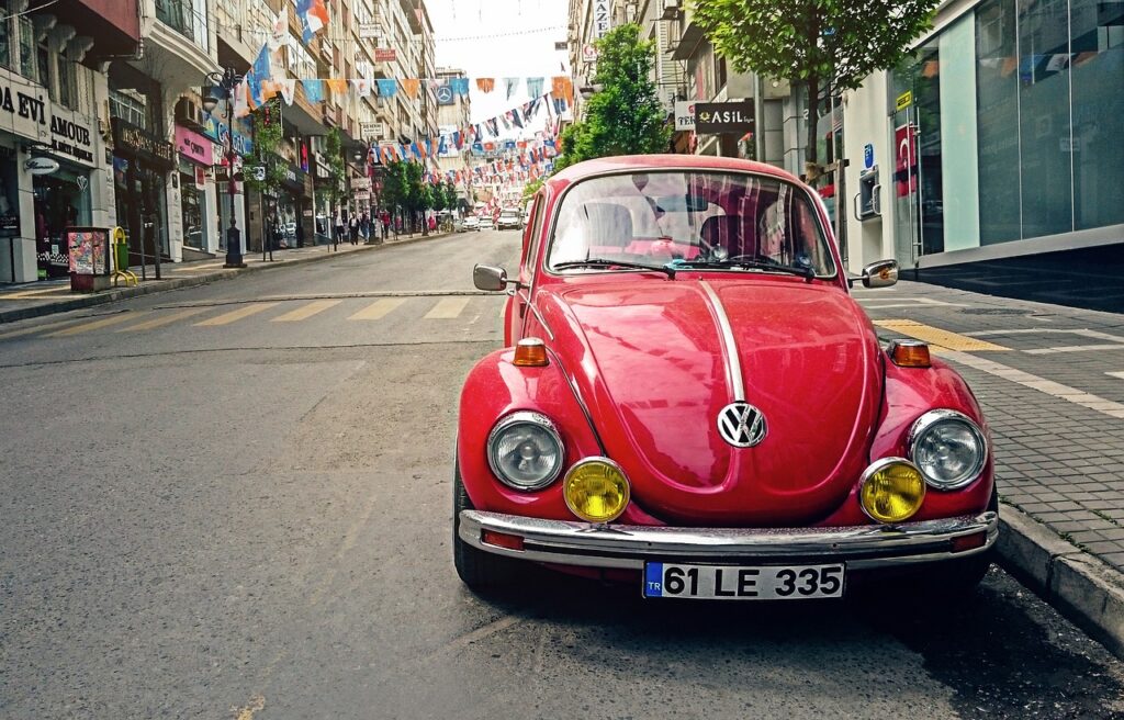 automotive, volkswagen beetle, car, city, classic, classic car, old car, pavement, red car, parked car, road, sidewalk, street, vehicle, city street, vintage, car wallpapers, volkswagen, vw beetle
