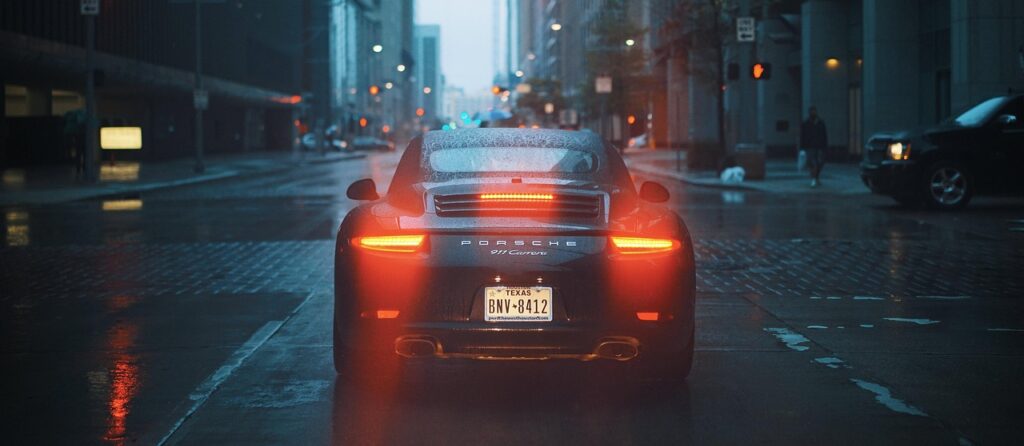 porsche, car, brake lights, tail lights, stop, stopped, rain, rainfall, raining, street, city street, luxury car, vehicle, transportation, nature, drive, city, rainy, car wallpapers, road, urban, wet
