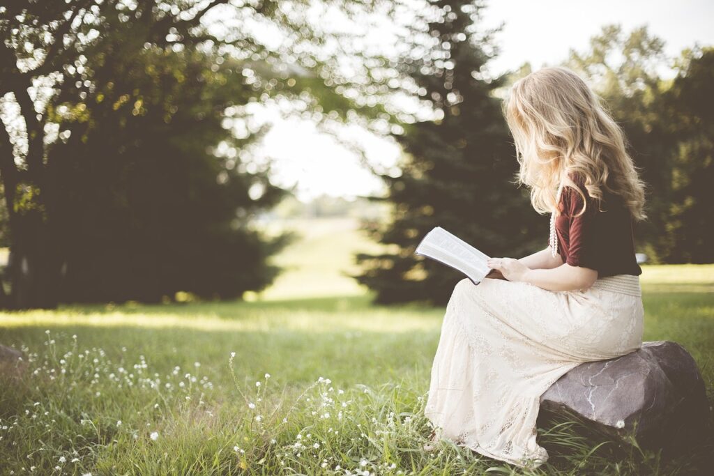 blonde, girl, book, reading, sit, sitting, young woman, reading a book, nature, reading girl, grass, outdoors, woman