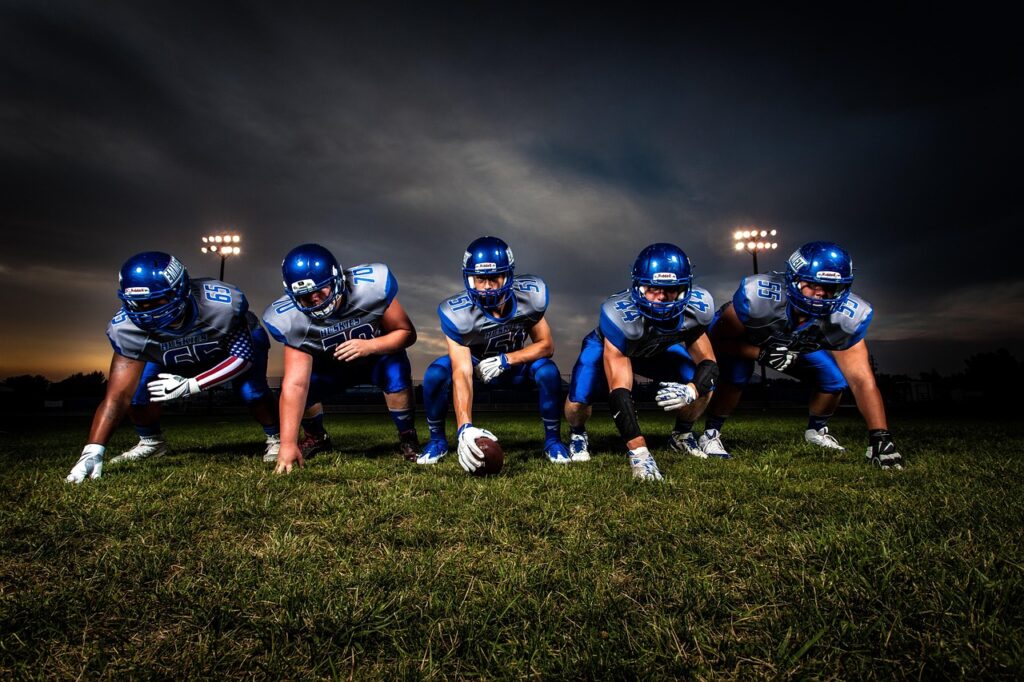 athletes, american football, players, football team, football players, football field, team, ball, field, football, game, grass, nature, helmets, men, people, rugby, sport, stadium, uniforms