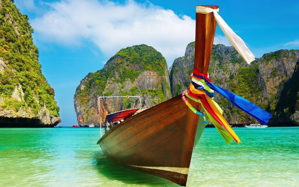 bay, beach, boat, islands, wooden boat, fishing boat, tropical islands, cliffs, landscape, seascape, water, exotic, idyllic, nature, lagoon, ocean, sea, seashore, summer, travel, tropical, vacation