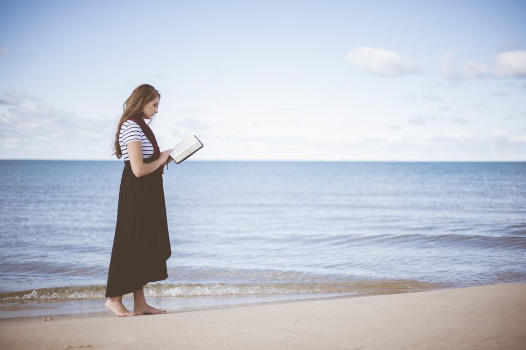 beach, girl, reading, ocean, sand, sea, nature, seashore, water, woman, book, reading a book, reading girl, walk, walking, leisure, relax