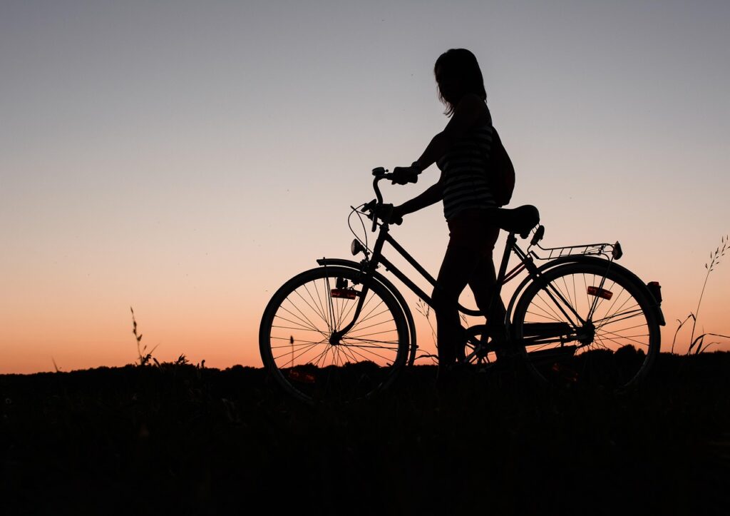 girl, bicycle, bike, sunset, silhouette, woman, cycling, female silhouette, dusk, nature, twilight, bicycle wheels, vehicle, transportation