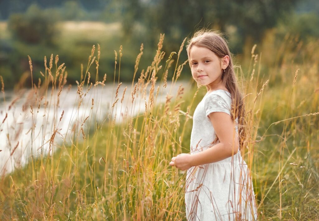 girl, nature, child, childhood, summer, field, grass, wind