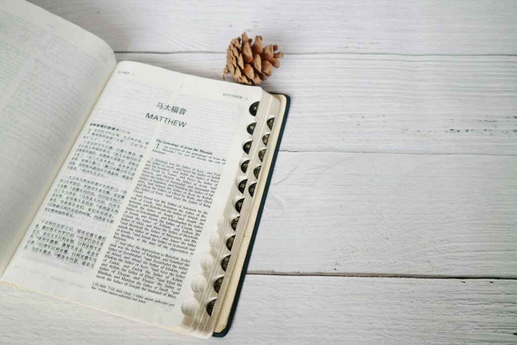 Open Bible displaying the Book of Matthew on a wooden surface with a pine cone accent.