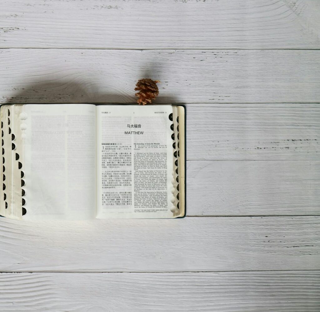 Bible open to Matthew with Mandarin and English text on rustic wood background.