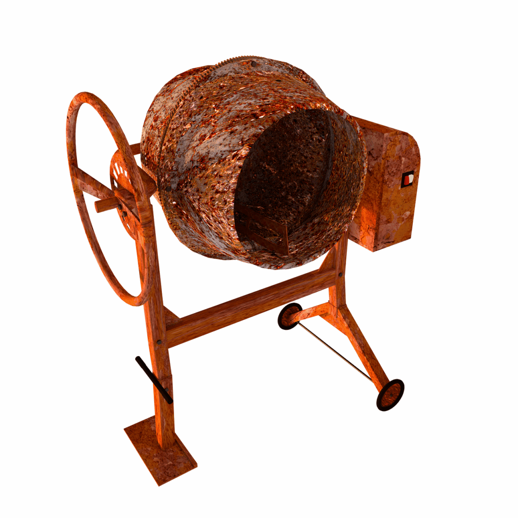 concrete mixer, construction device, isolated, mix, rust, rusty, rusted, concrete, cement, building, tool, old, weathered, decay, 3d