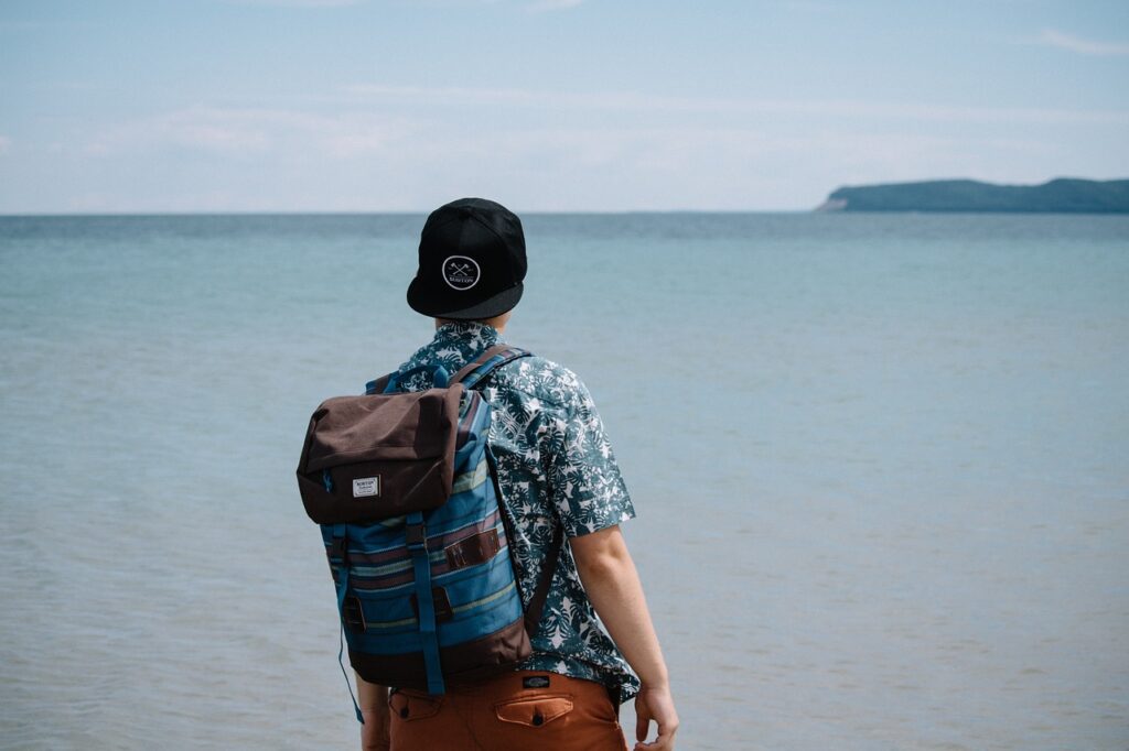 people, man, alone, travel, adventure, cap, ocean, sea, beach, mountain, nature, herschel, back pack, bag, blue alone, back pack, back pack, back pack, back pack, back pack