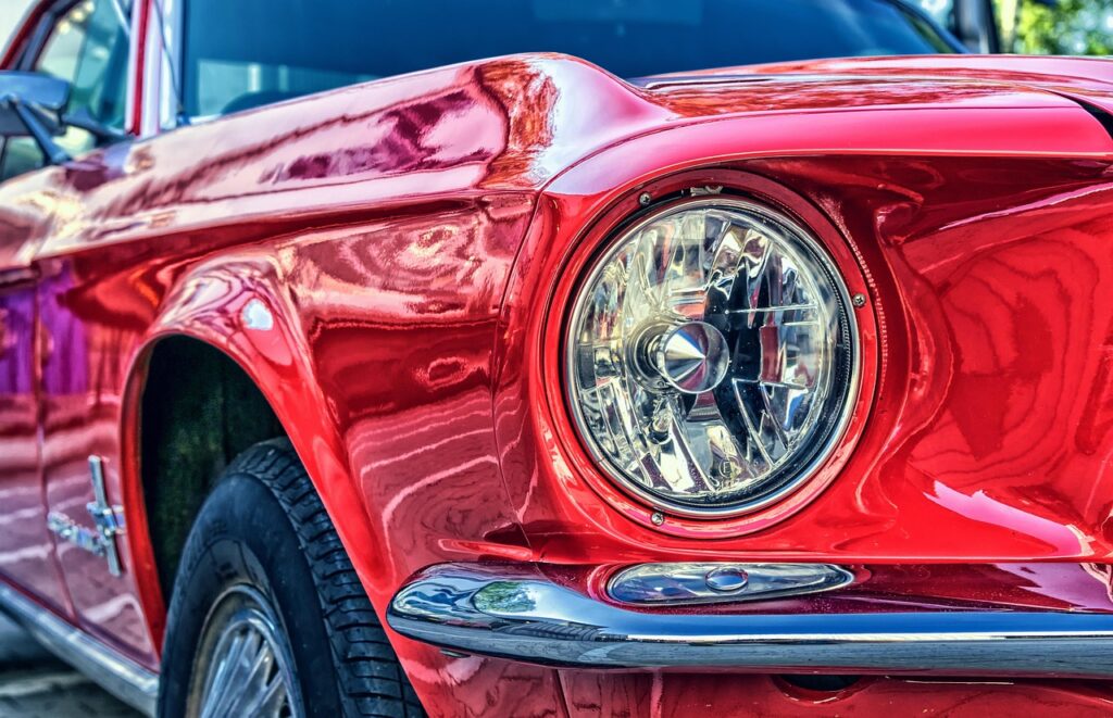 ford, mustang, car, vehicle, red car, shiny, shiny car, headlight, luxury car, v8, ford mustang, automotive, auto, oldtimer, sports car, classic, car wallpapers, maintained, red, old, chrome plated, chrome, polished