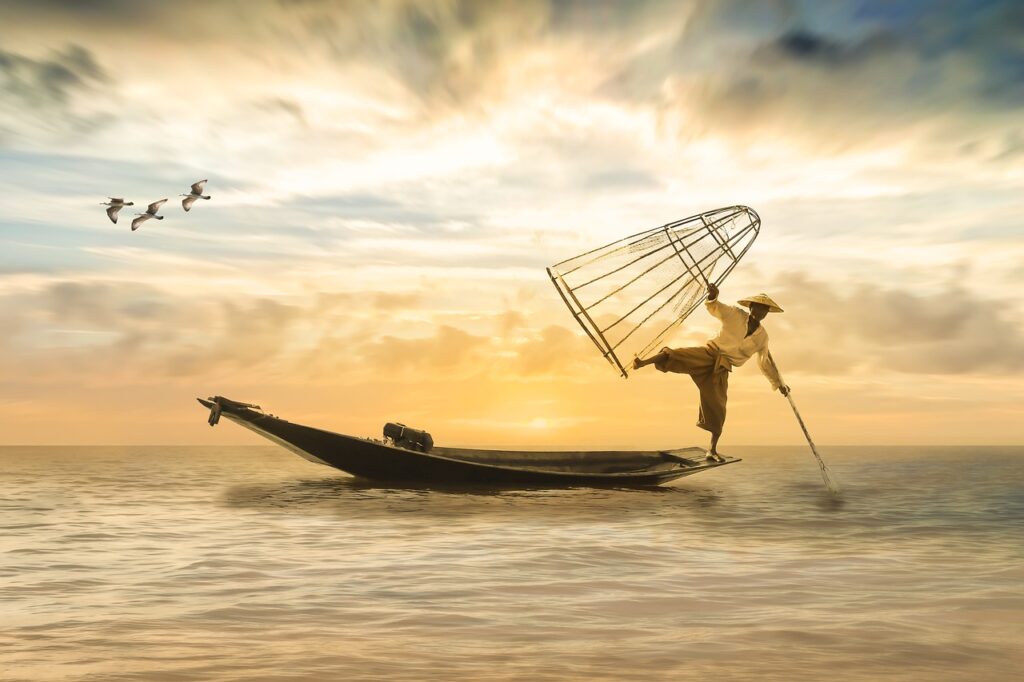 fisherman, fishing boat, boat, fishing, nature wallpaper, sea, water, lake, fishing net, sky, hd wallpaper, sunset, clouds, mood, abendstimmung, evening sky, silent, atmospheric, photomontage, beautiful nature, composing, balance, asia, china, zen, rest, nature, nature background, cool wallpaper