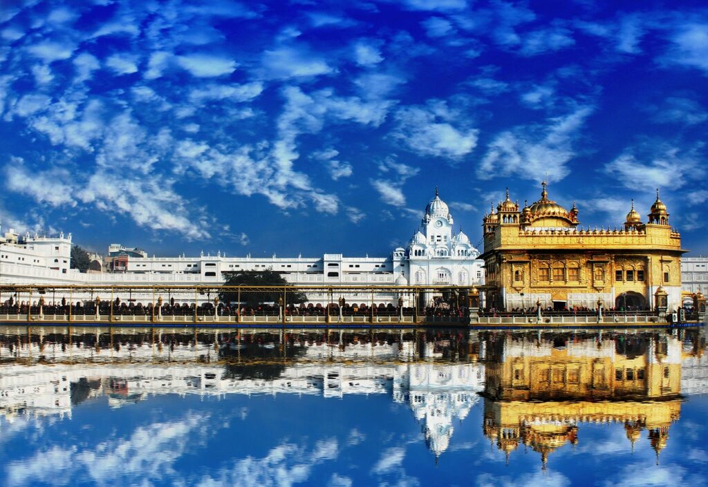 india, punjab, amritsar, blue sky, sikh, religion, sikhism, travel, temple, monument, reflection, water, golden, sky, blue, cloud, sunrise, tourism, gold, nature, pond, morning, blue sunrise, blue morning