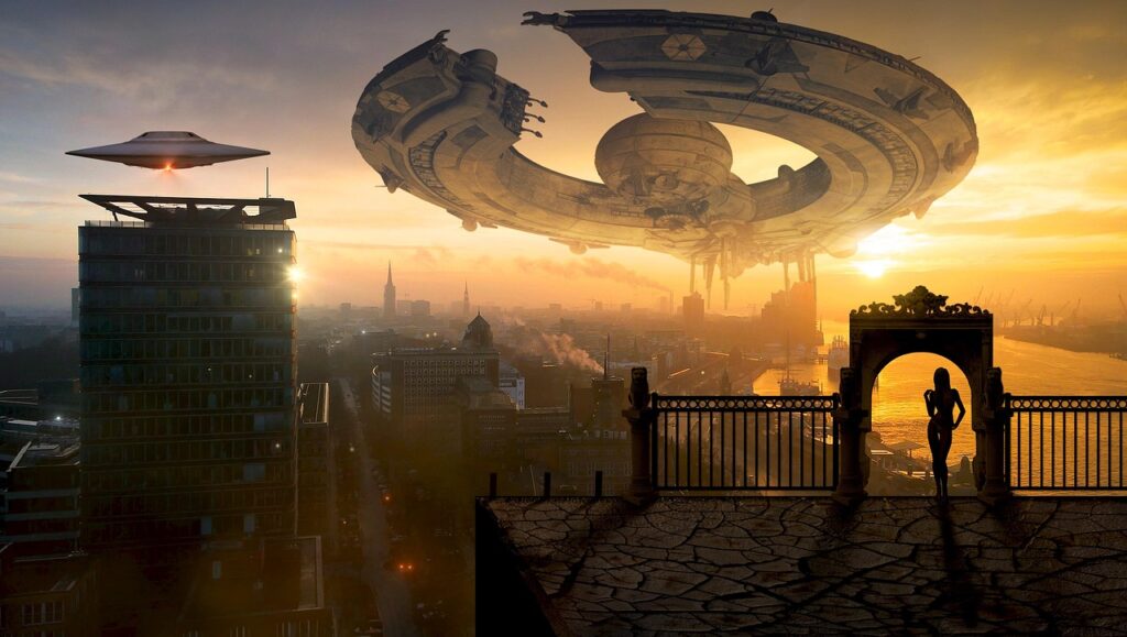 fantasy, ufo, nature, city, science fiction, spaceship, futuristic, buildings, rooftop, woman, sunset, surreal, mystical, unidentified flying object, space travel, utopia, sci fi, photomontage