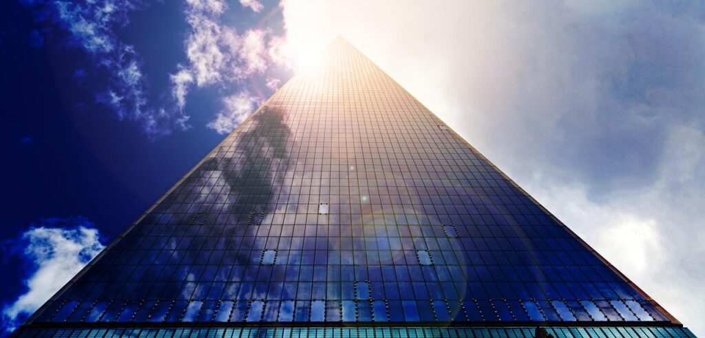 skyscraper, glass facade, facade, office building, architecture, heaven, sun, shine, clouds, high, mood, nature, new york, glass, glass palace, window, modern